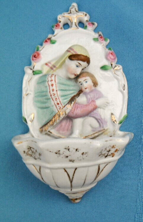 Antique Vintage Handpainted  Porcelain Bisque Madonna Wall Holy Water Font