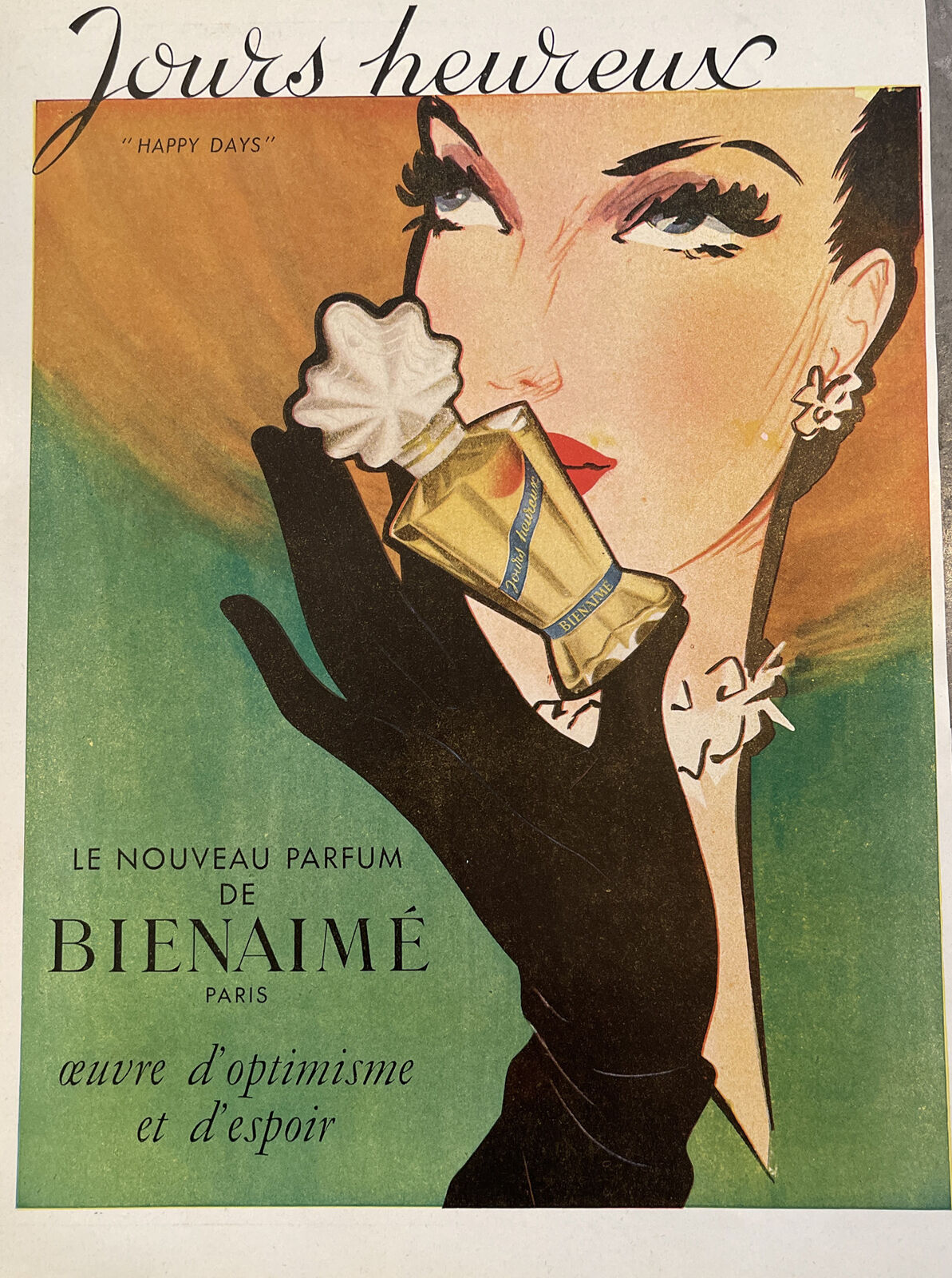 Vintage 1949 French Perfume Print Ad Bienaime Happy Days Woman Black Gloves