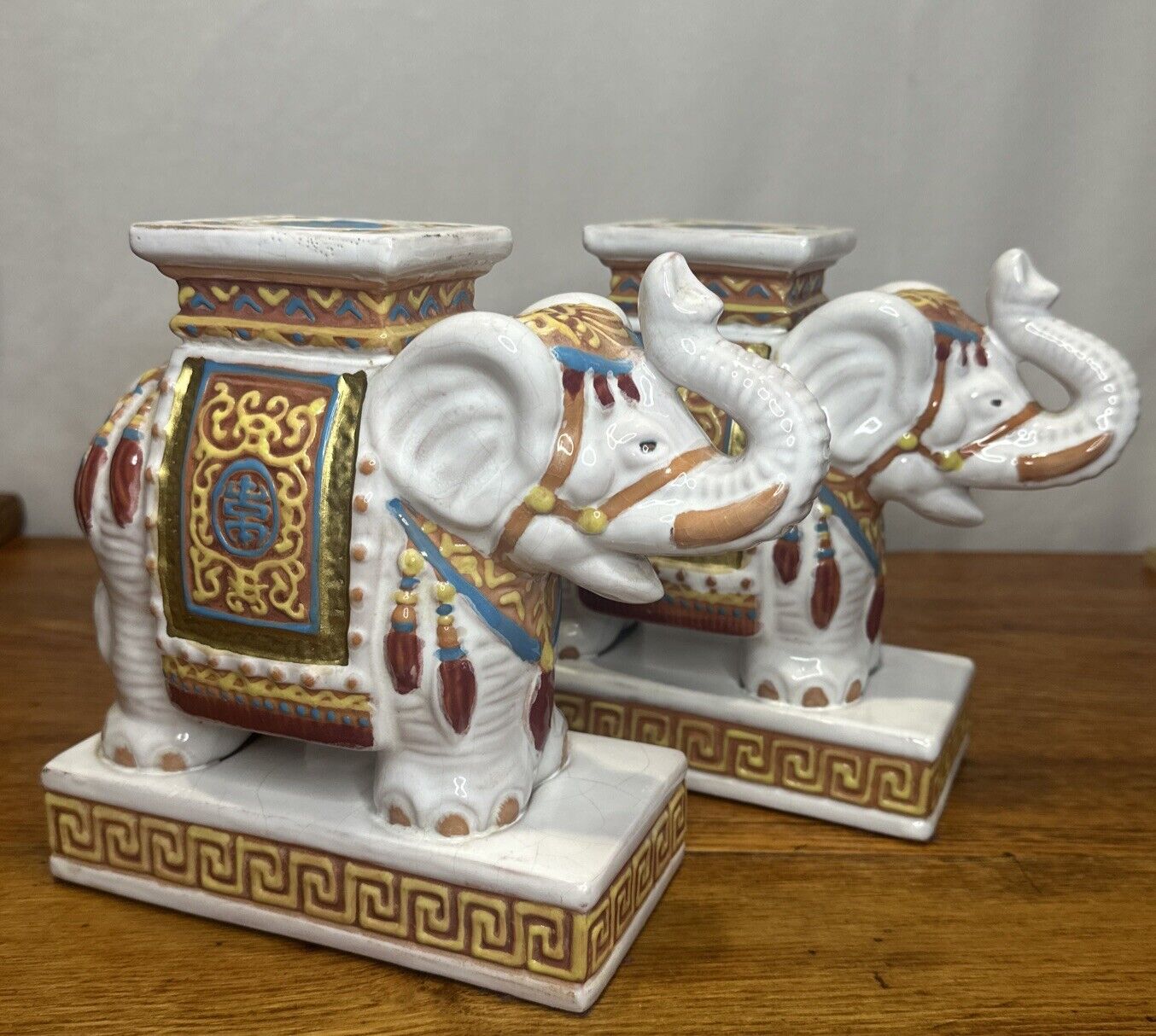 2 Vintage Majolica Style Ceramic Elephant Plant Stands Gajalakshmis