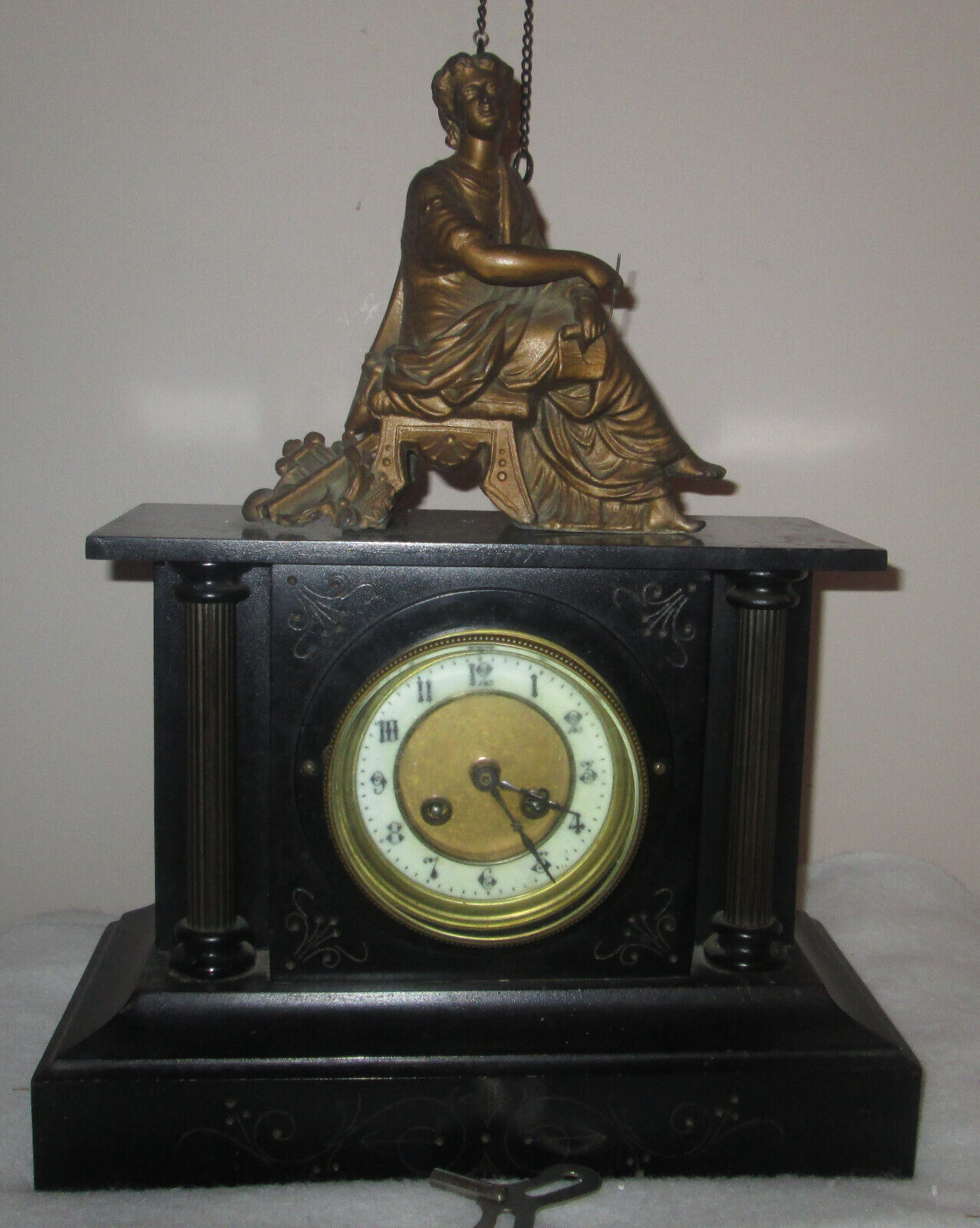 Antique 19th C Kroeber Iron Case French Mantel Clock Bronze lady Statue \
