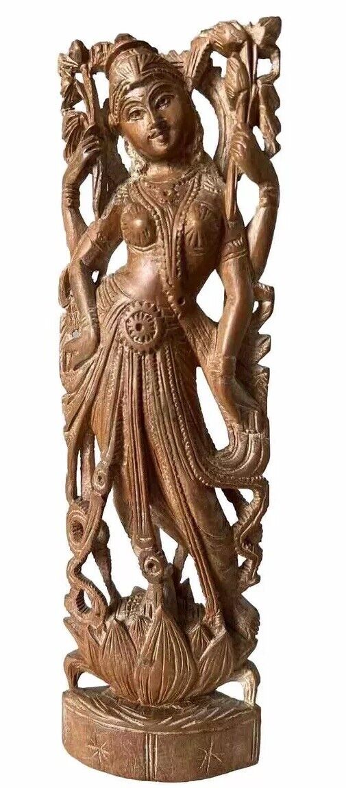 Vintage Indian Goddess Hindu Hand Carved Wooden Woman Figure Detailed