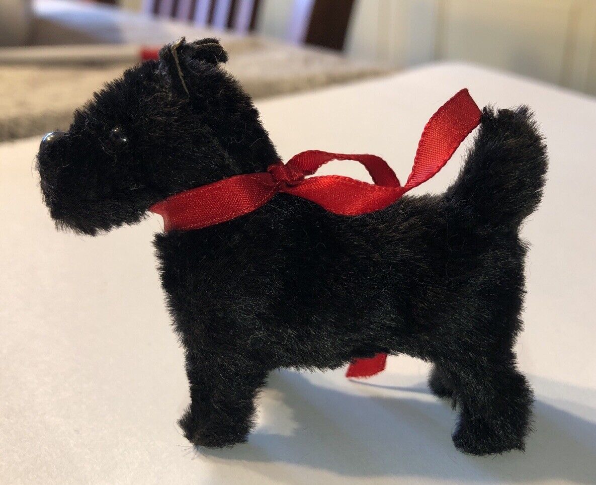 Vintage Mohair Black Scottie Dog 3” Long Made In Germany Red Bow Standing