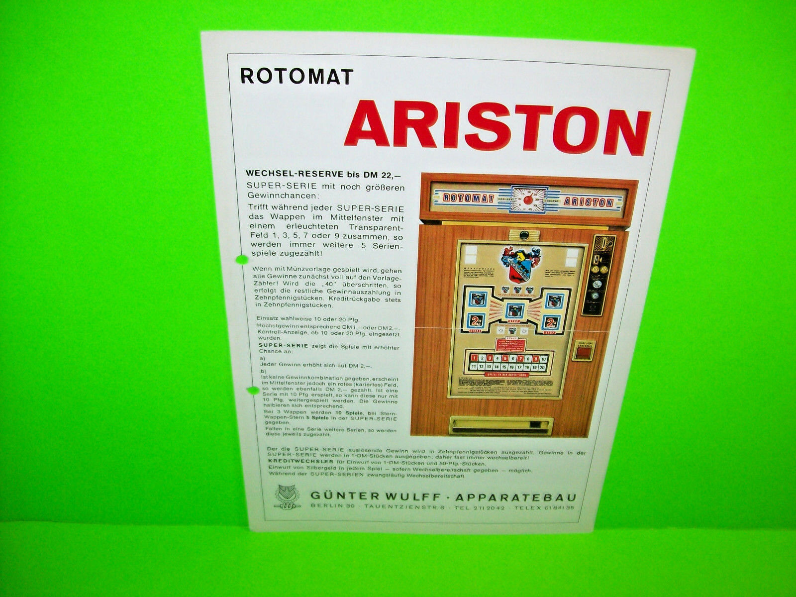 ROTOMAT Ariston Original Vintage German Text Slot Machine Promo Sales Flyer
