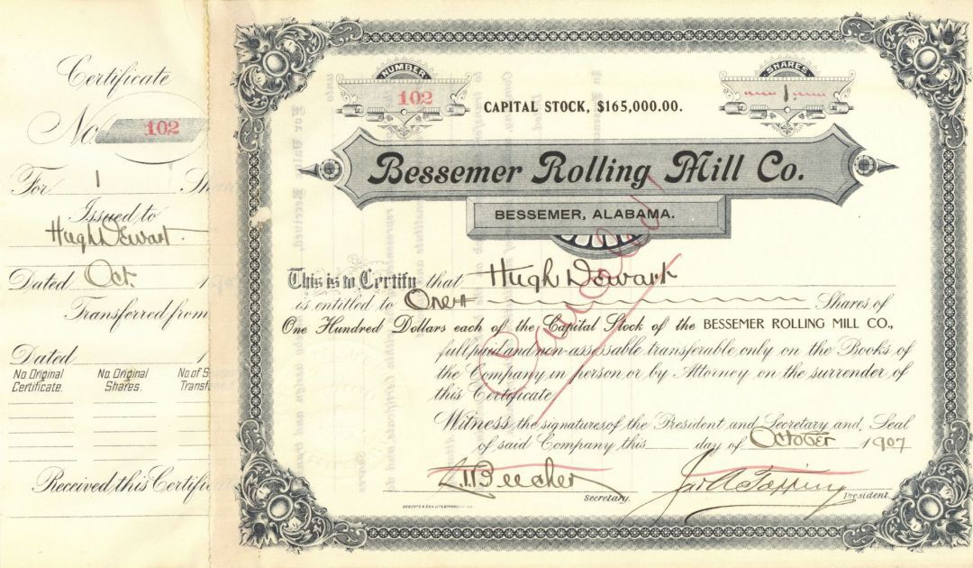 Bessemer Rolling Mill Co. - Alabama Stock Certificate - General Stocks