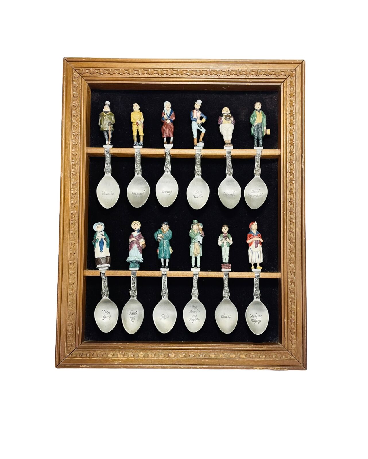 Vtg Franklin Mint Dickens Characters Spoon Set of 12 w Display Case Collectible