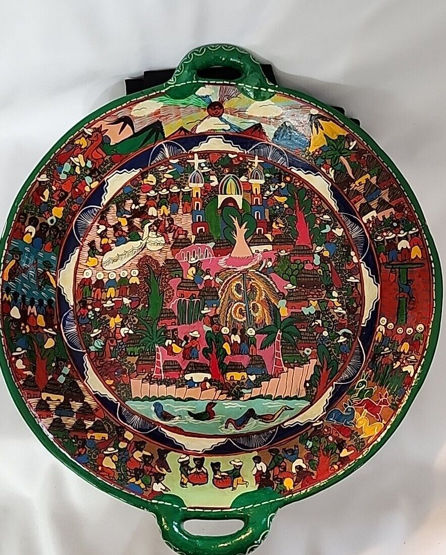 Vtg Mexican Red Clay Folk Art Handpainted Decorative Plate/Bowl w/Handles EUC 