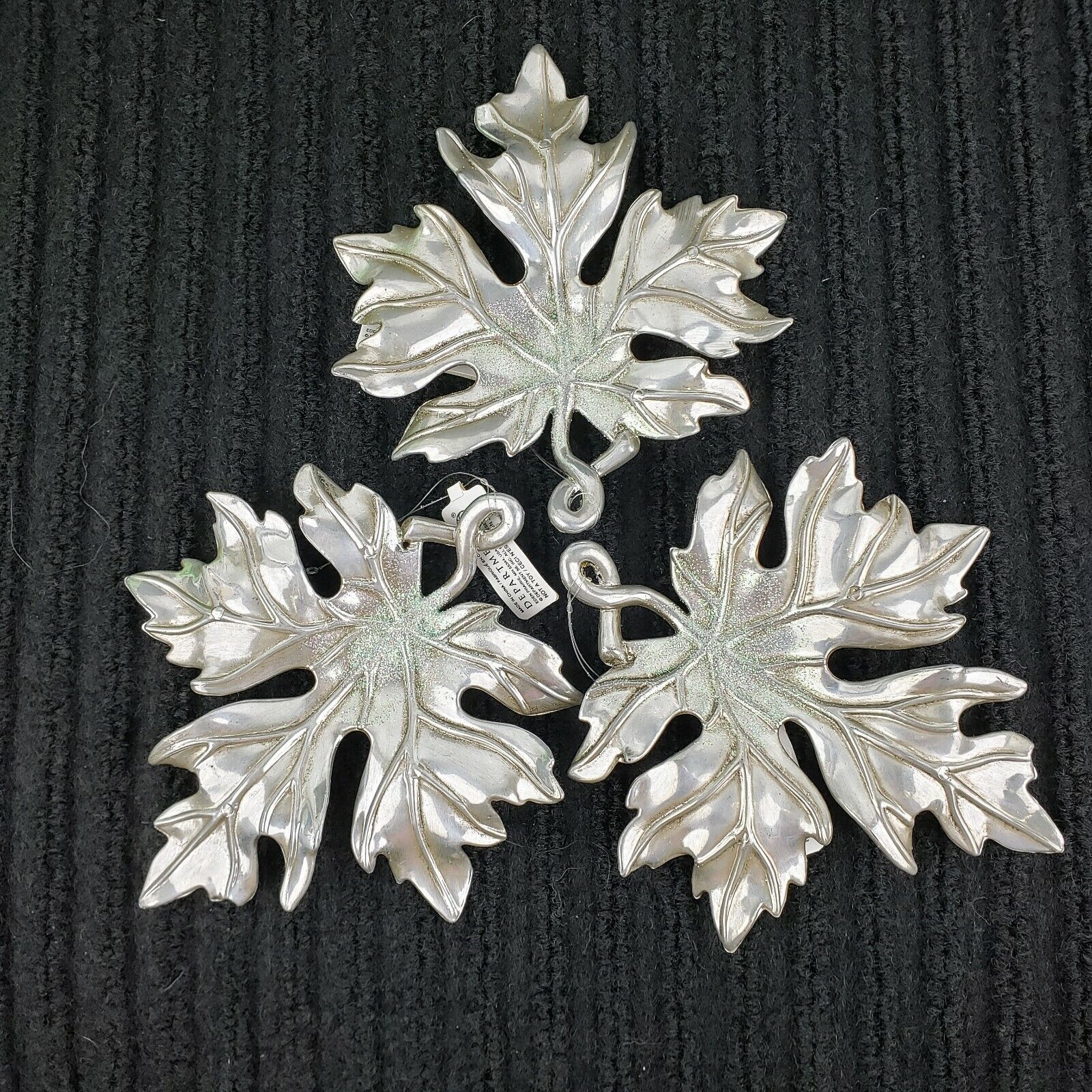 Dept 56 Leaf Ornaments Metallic Silver Over Plastic-Glitter Accent-Antiqued Look
