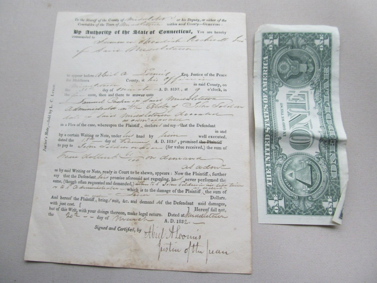Rare  1832 Middletown, Connecticut Court Document, Warrant, Judge, gift