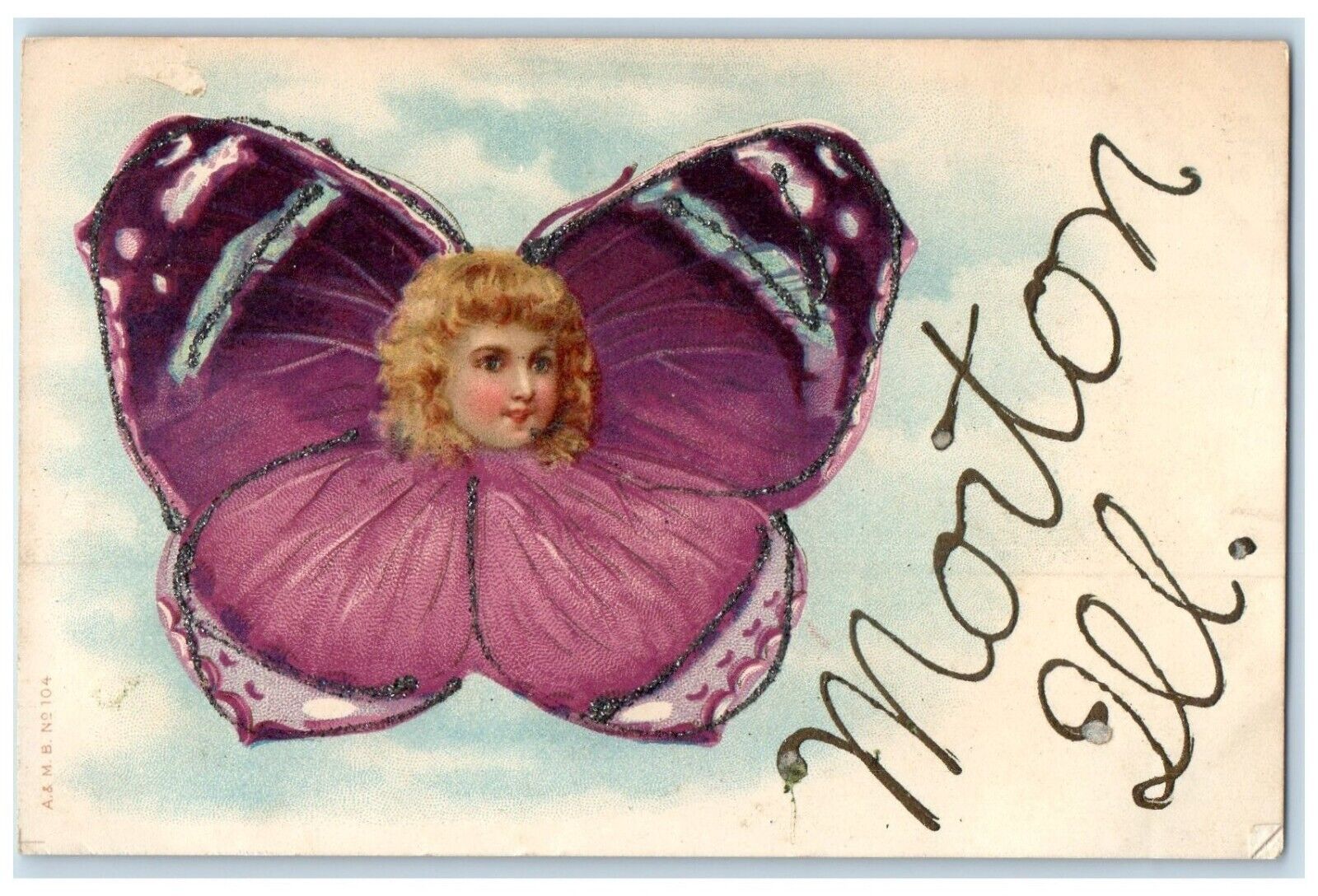 c1910\'s Big Butterfly Pretty Girl Head Glitter Morton Illinois IL Postcard