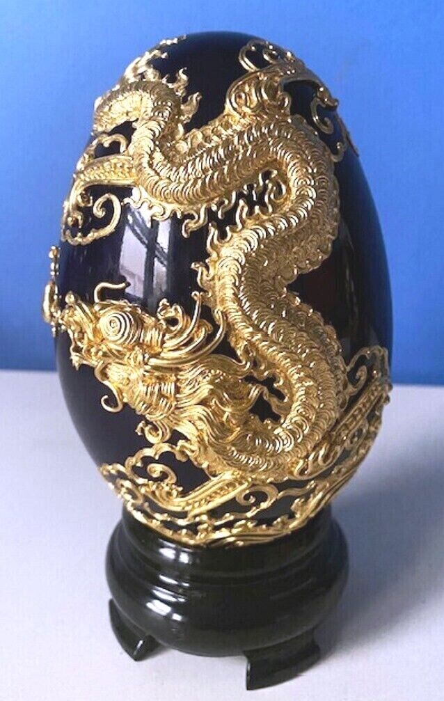 PORCELAIN 3D GOLD ENCRUSTED DRAGON MOTIF LARGE Fabergé STYLE EGG w/STAND-PICK 1