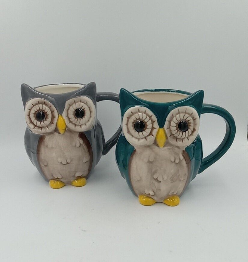 2 LG  Ceramic Teal & Gray Owl Shaped Coffee Tea Mugs / Cups 3D Kitschy 