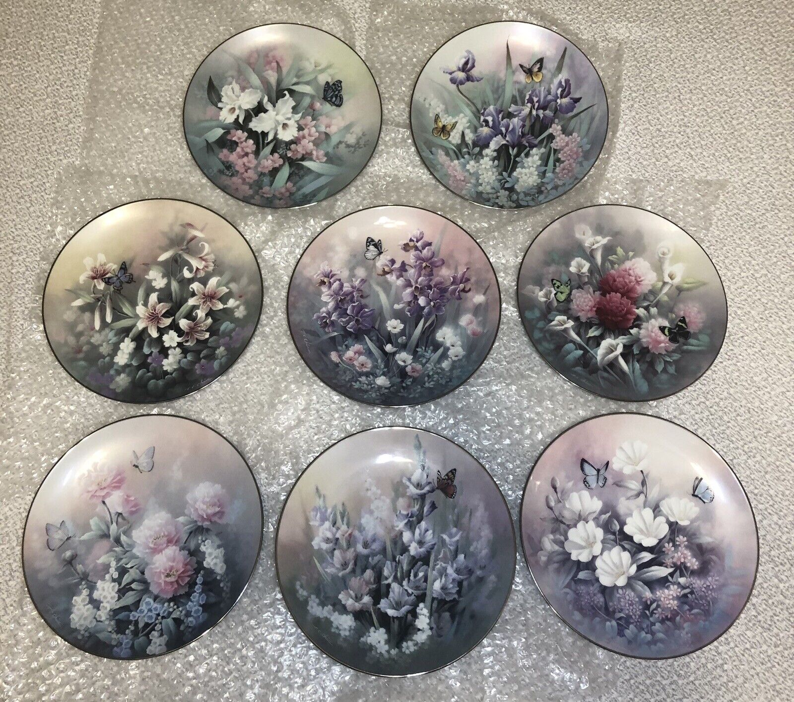 Edwin Knowles “Jewels of the Flowers-All 8 Porcelain Plates W/Platinum Rim-EUC