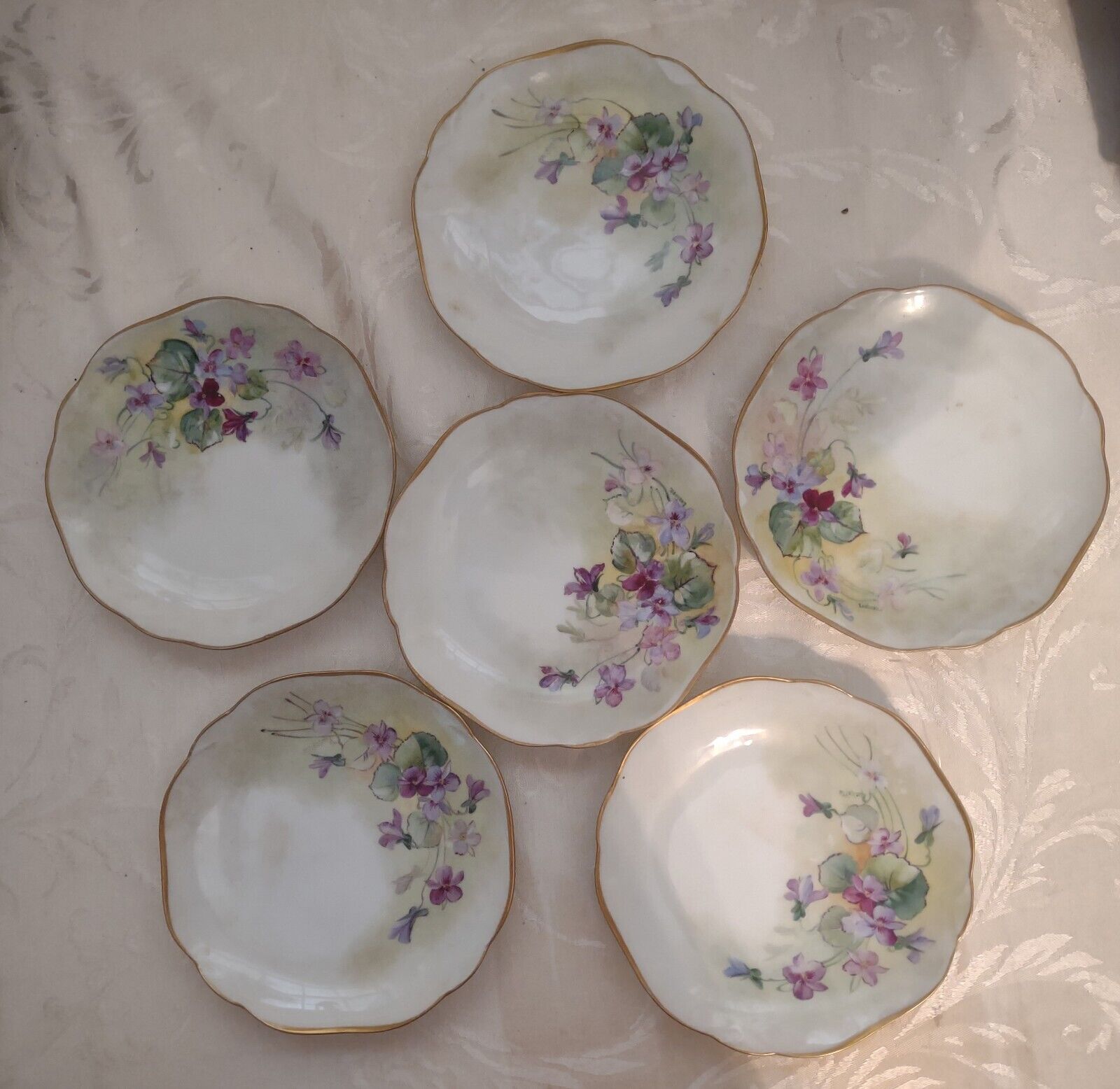 Rare Set of Six Handel Ware Hand Painted Signed Porcelain Signed Dessert Plates