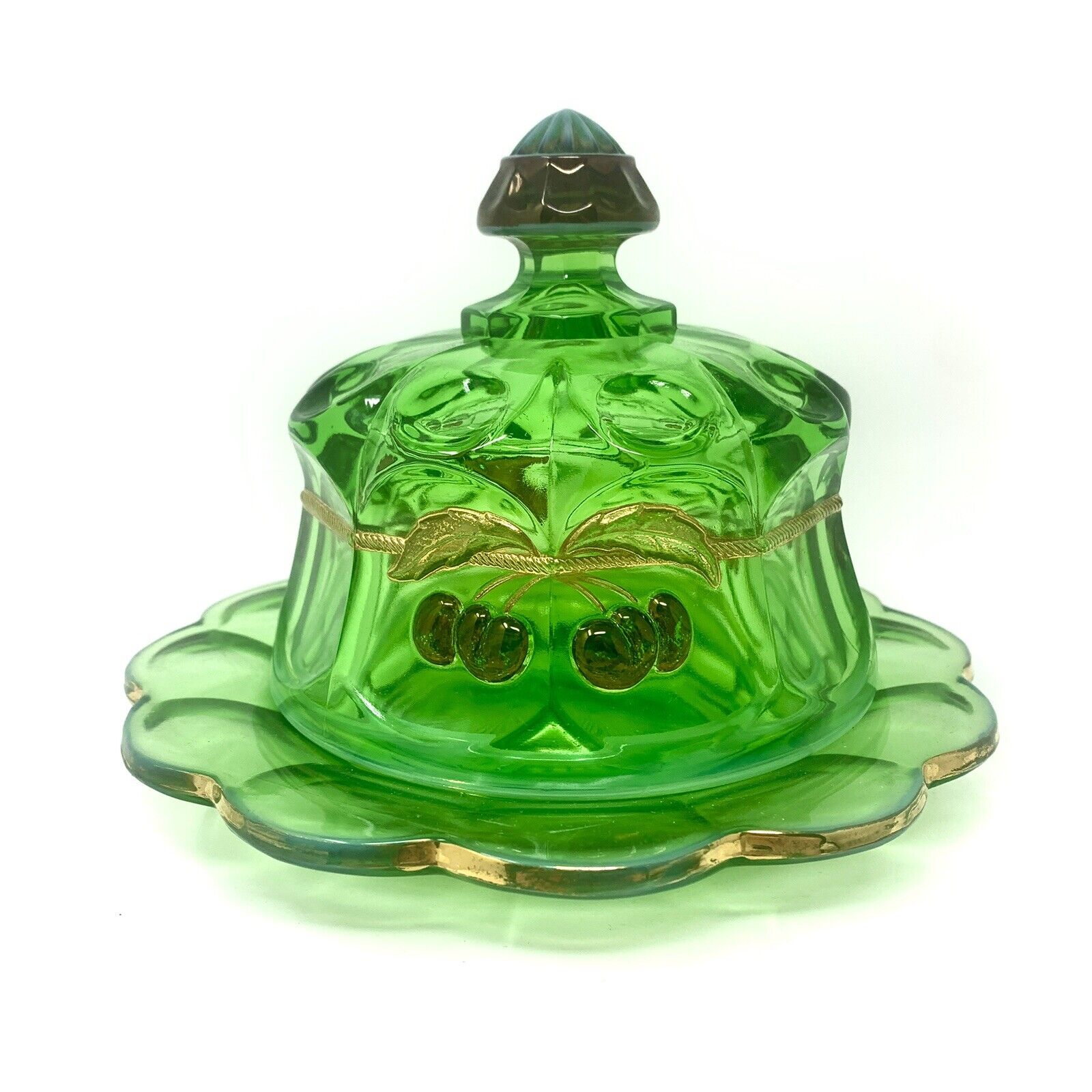 Mosser Glass Green Opalescent Cherry & Cable Butter Cheese Dish Finial Lid
