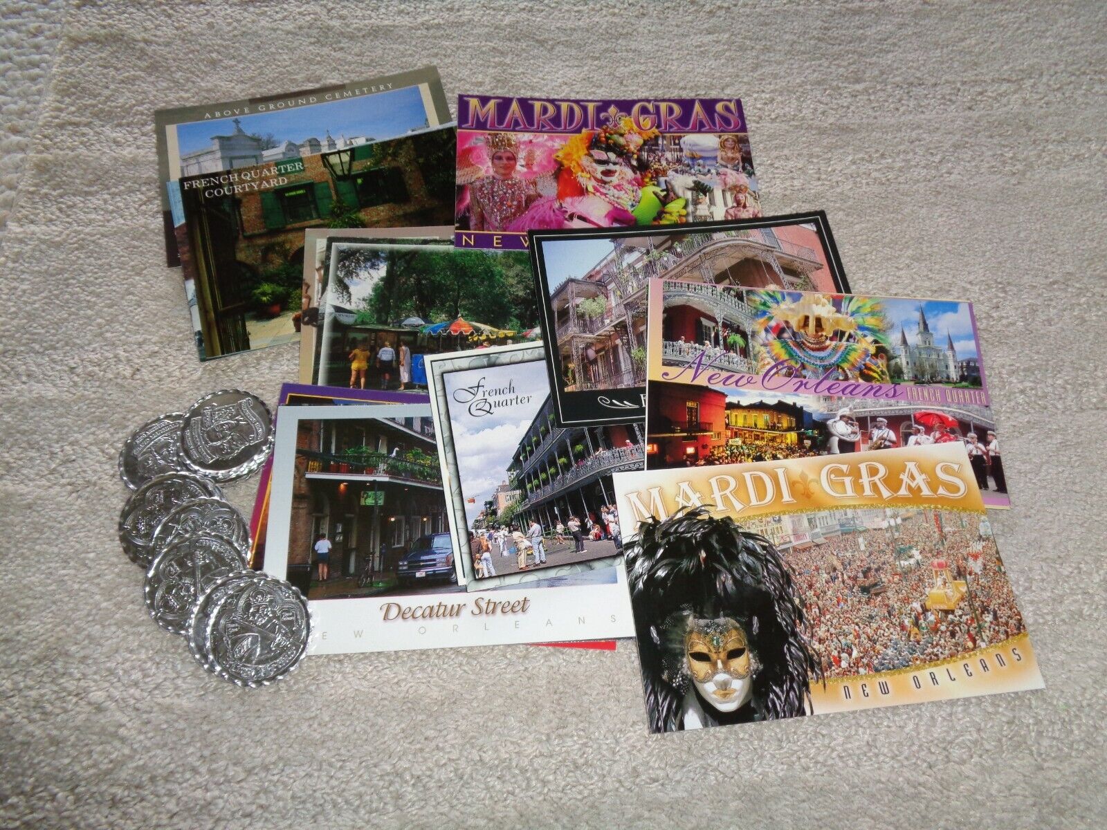 Unused New Orleans Postcards Mardi Gras silver metal tokens giveaways 2005