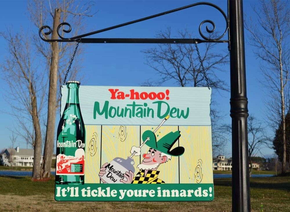 OLD STYLE MOUNTAIN DEW HILLBILLY DI-CUT SODA COLA STEEL 2 SIDE SIGN MADE IN USA