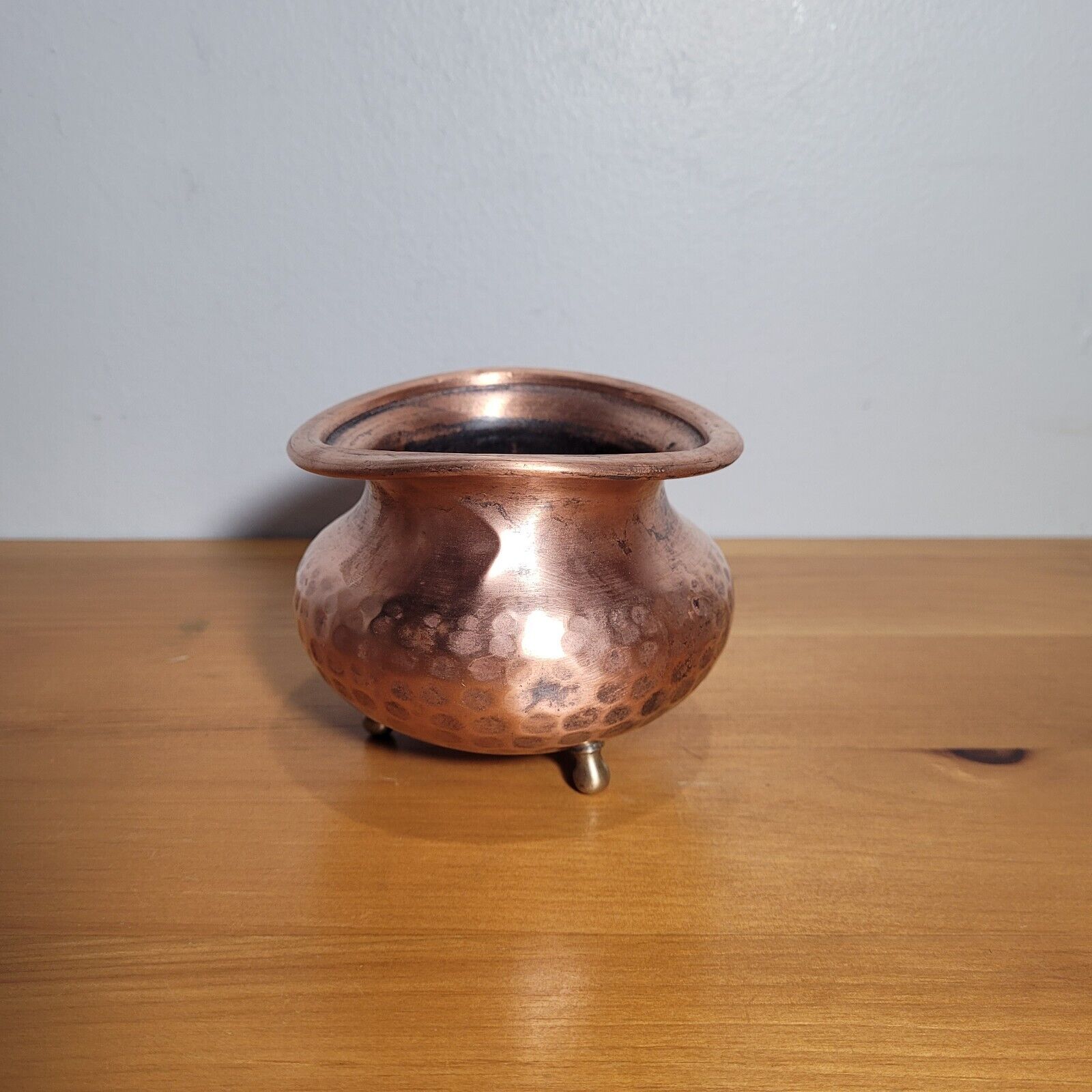 19th Century Antique Copper Bowl Hammered Copper Bowl Footed with Brass Feet