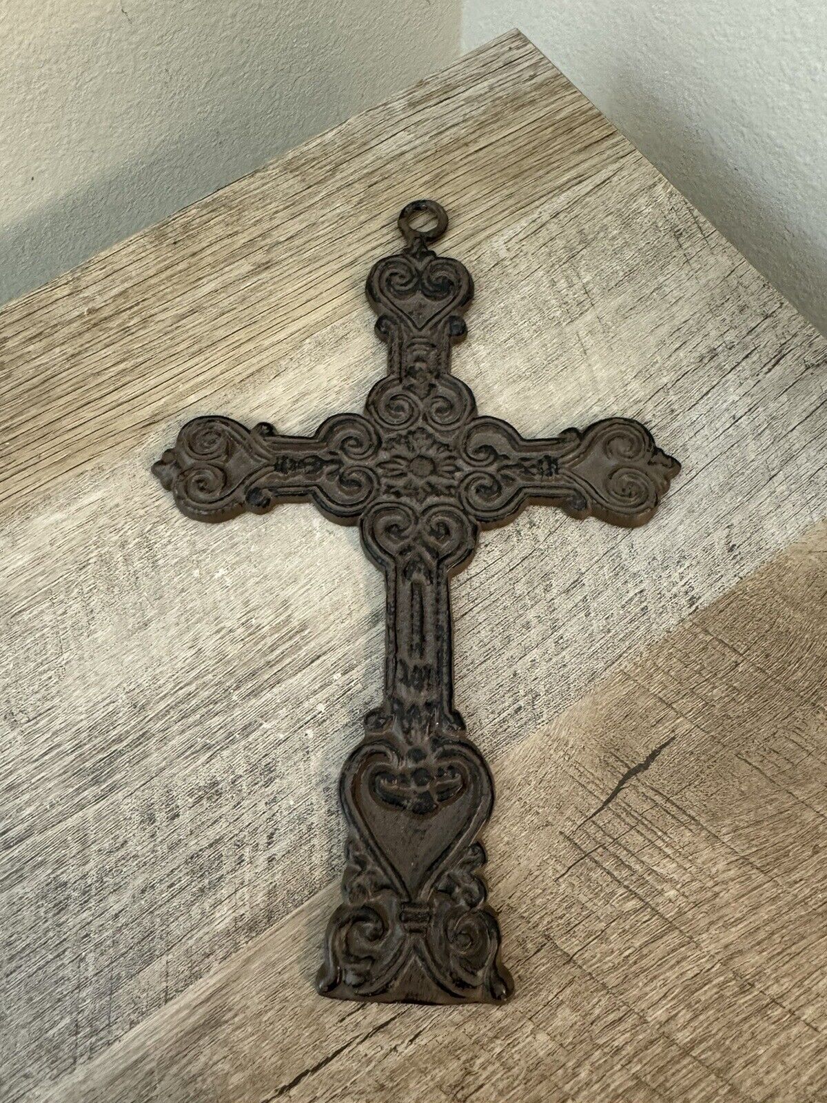 Vintage Cast Iron Cross Crucifix 9” Brown Hearts Religious Gift Home Decor