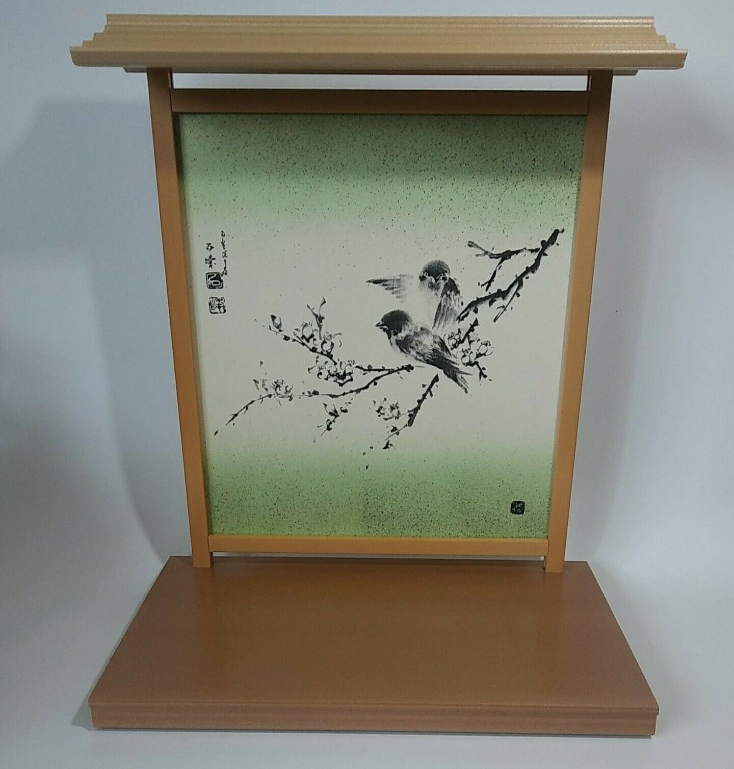 Japanese Asian Inspired Art Display Birds Perched On Flowering Branch Wood Base