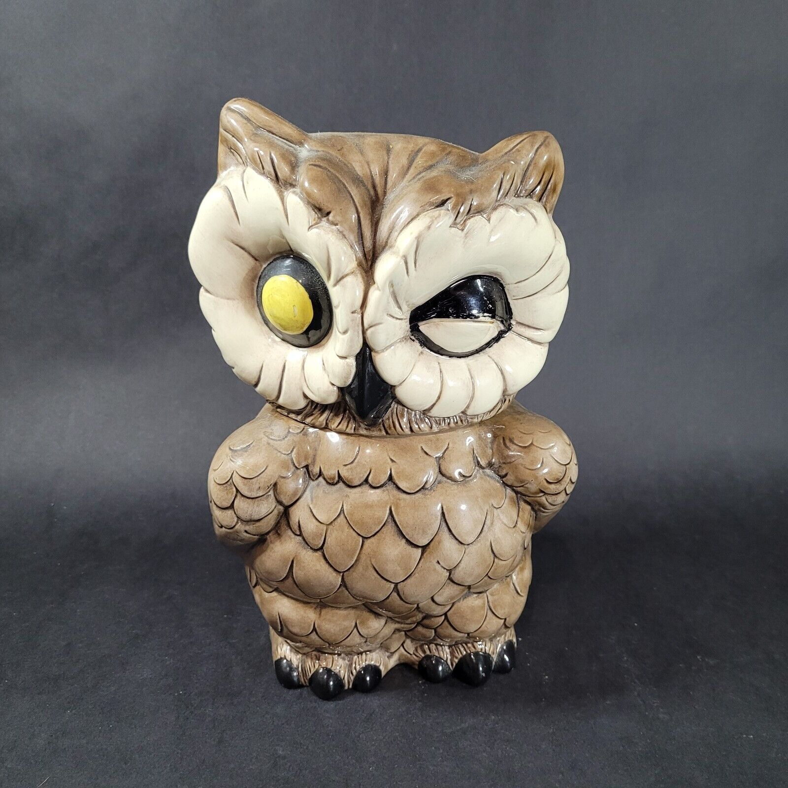 Vintage Atlantic Mold Winking Owl Ceramic Cookie Jar 10.5” 1970s Hand Painted