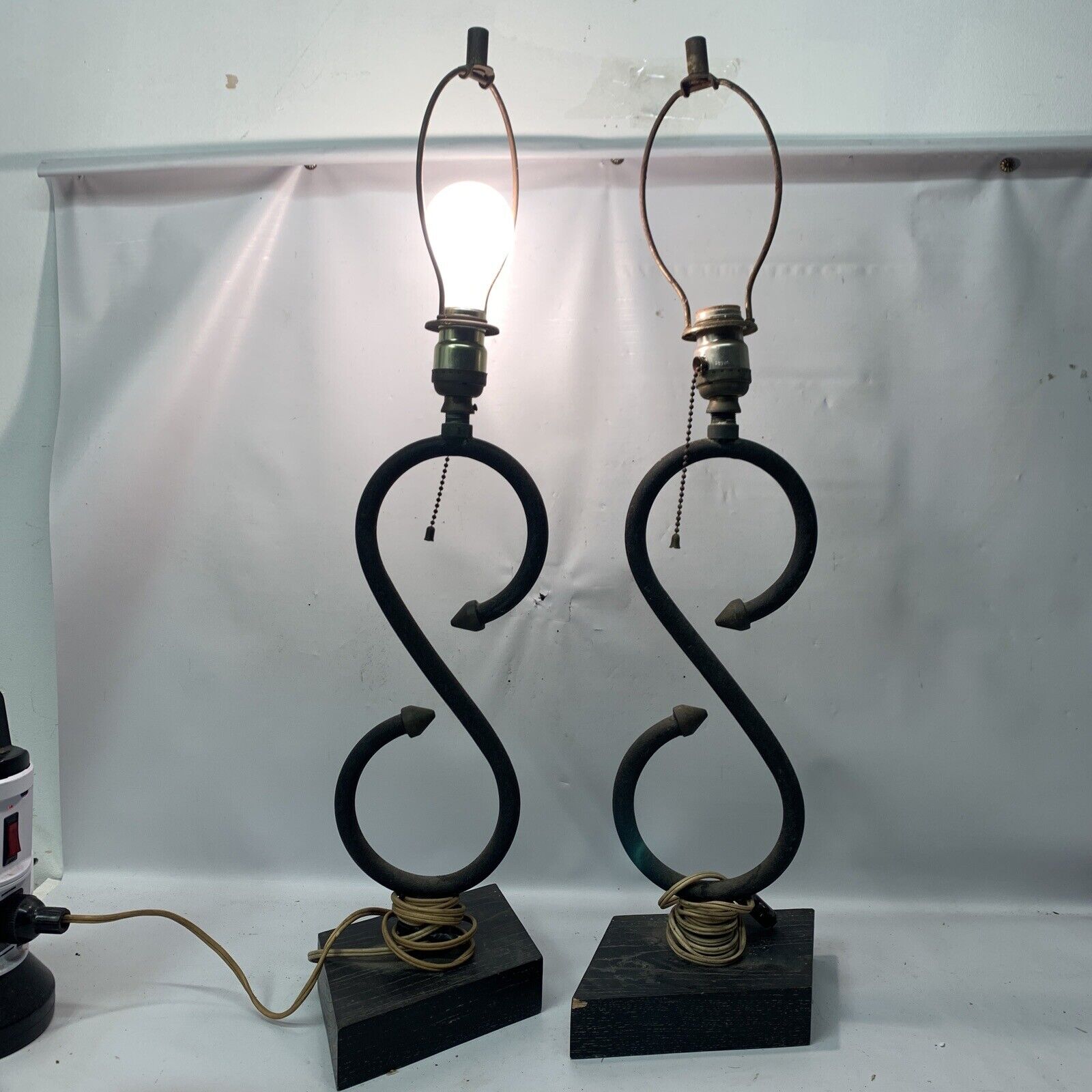 Mid Century vintage pair of “s” shaped Metal/wood table Lamps 27” Unique