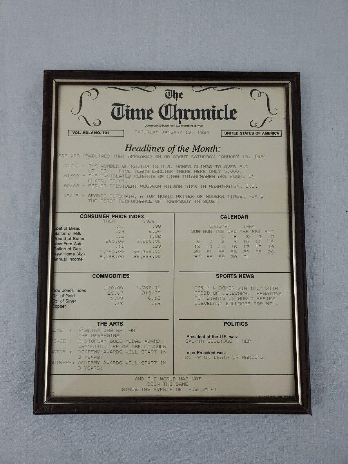 The Time Chronicle Vol MXLV NO. 101 USA Edition Jan 19, 1924 10”X11.5” Framed