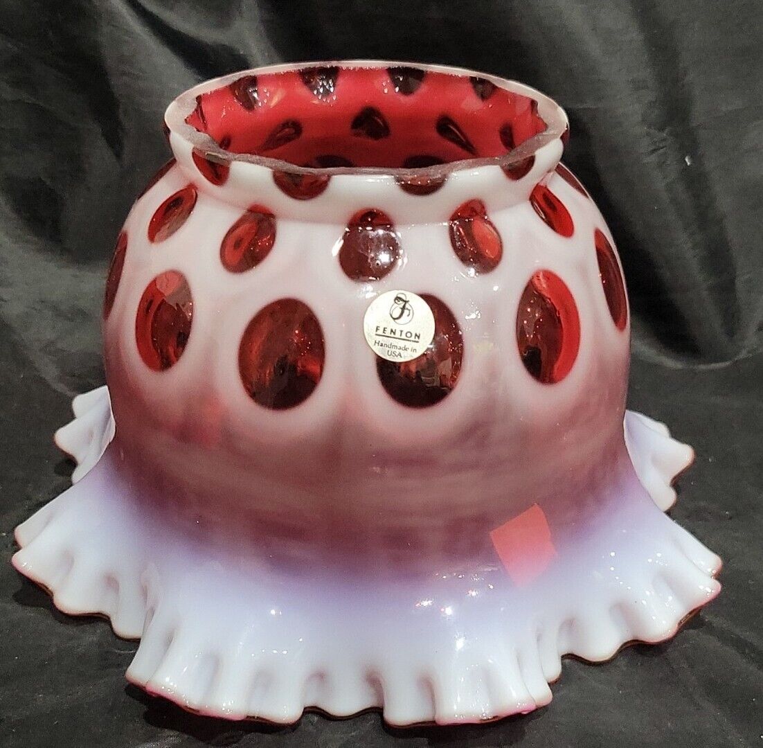 Vintage Fenton Cranberry Opalescent Coin Dot Glass Ruffled Lamp Shade 4\