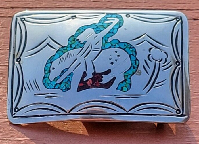 Vintage Navajo W Nezzie End Of The Trail Turquoise And Coral Inlay Belt Buckle