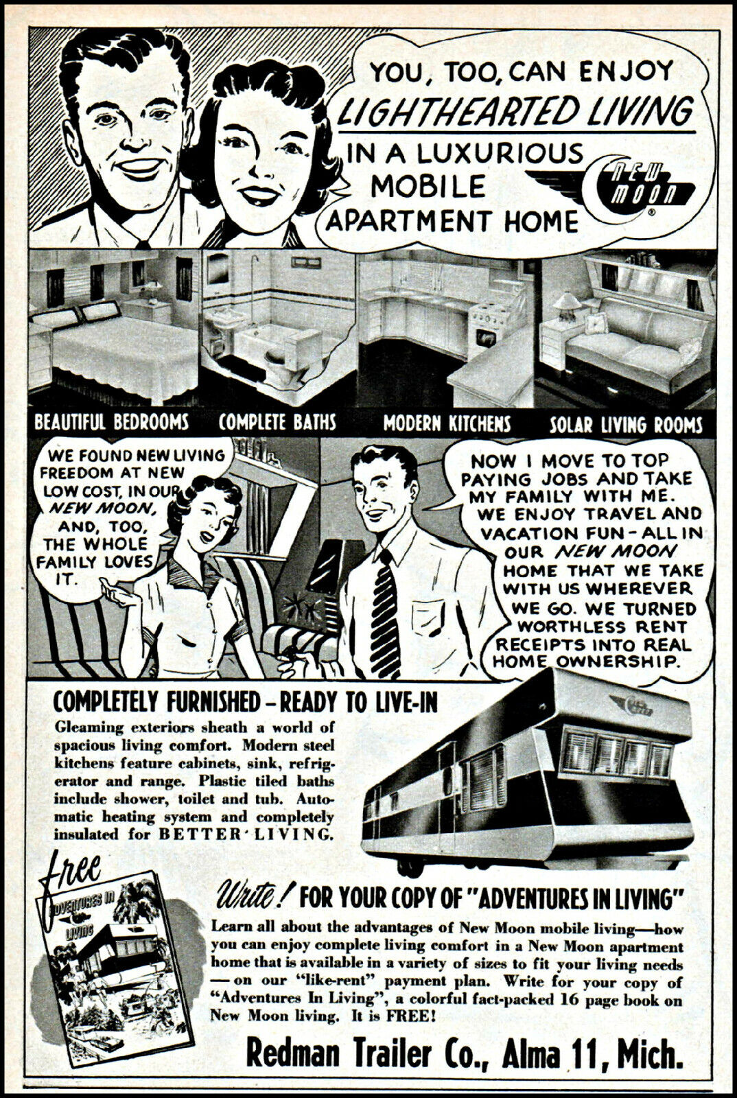 1953 Redman Trailer co Alma Michigan mobile apartment vintage art print Ad adL43