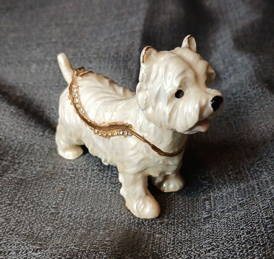 West Highland Terrier Dog Trinket Box W/ Small Westie  Enameled Jeweled Hinged