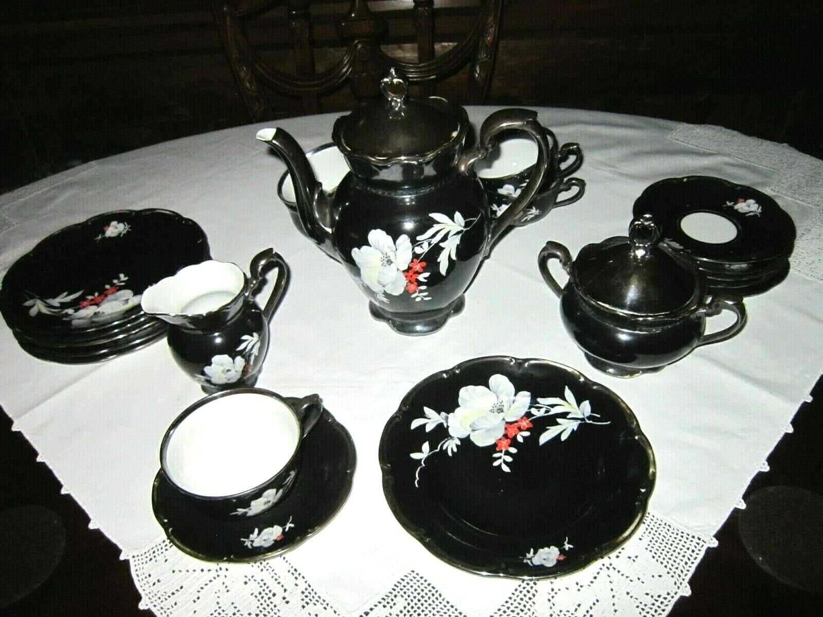 Antique Vtg. Deckor Frinsilber 28 Smoke RW Bavaria Porcelain Tea Set 22 Pieces 