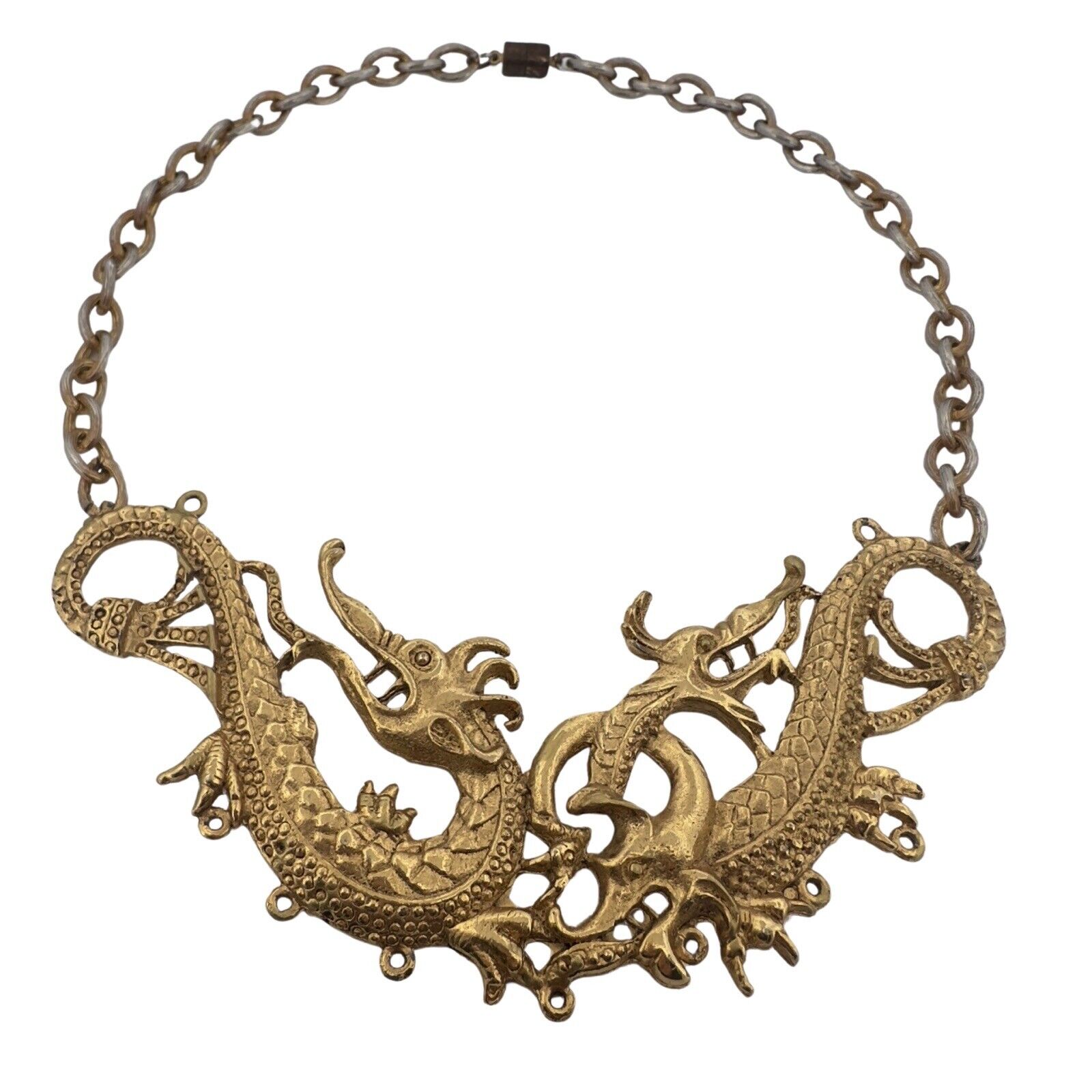 Vintage ~ HUGE ~ Chinese Dragon Dog  ~ Gold Tone Necklace Medallion Token Asian