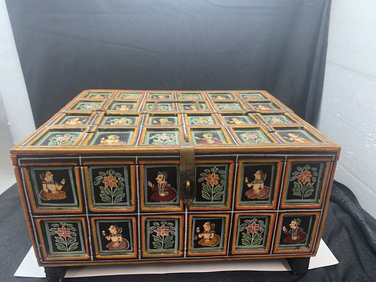 Antique Indian Mughal Polychrome Wood Panel Wedding Box Chest 15\