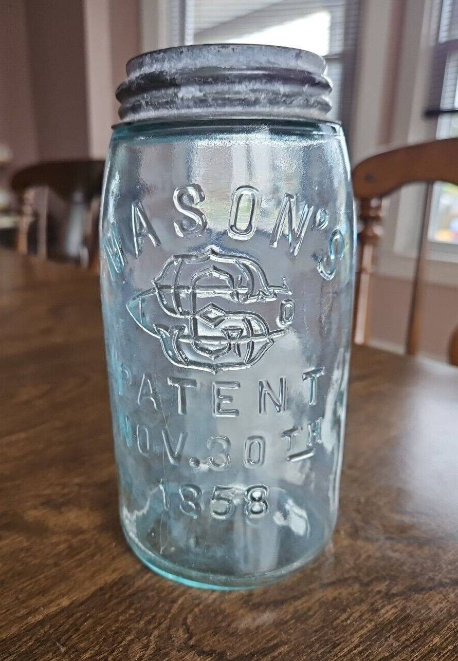 Antique Mason's Jar SGC Patent Nov 30 1858 Zinc Lid Rare Canning Jar Quart Size