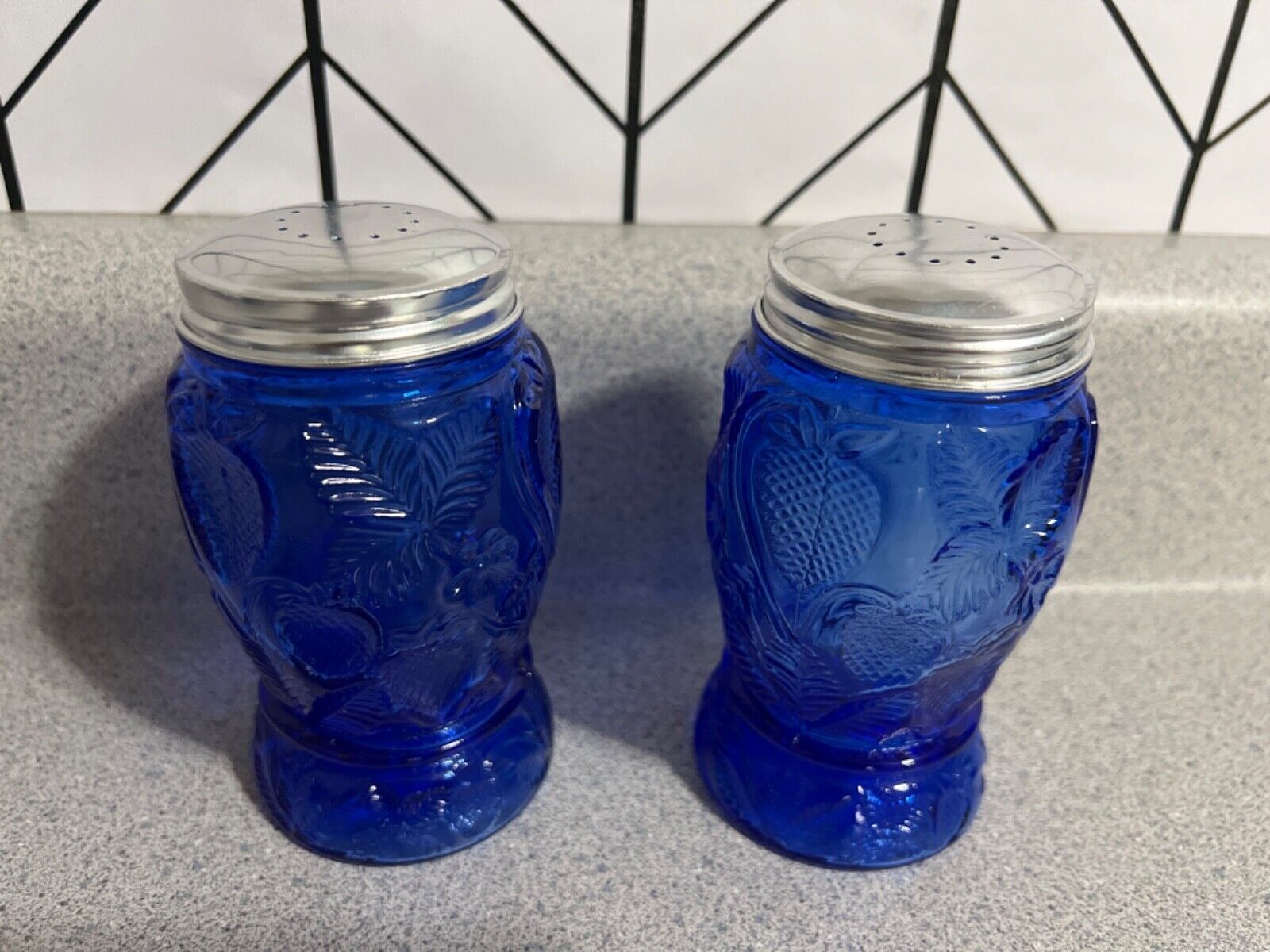 Cobalt Blue Glass Canada Strawberry Pattern Textured Salt & Pepper Shaker Set