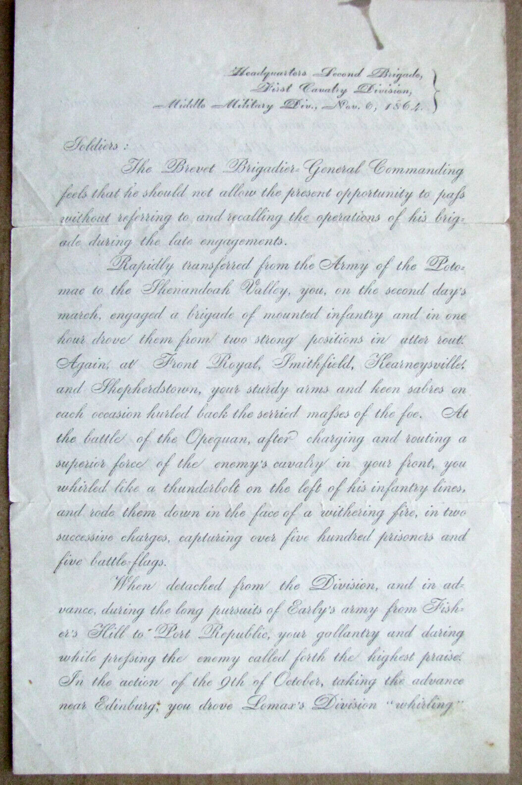 BATTLE OF WINCHESTER OPEQUON VIRGINIA GENERAL THOMAS DEVIN VICTORY ORDER 1864