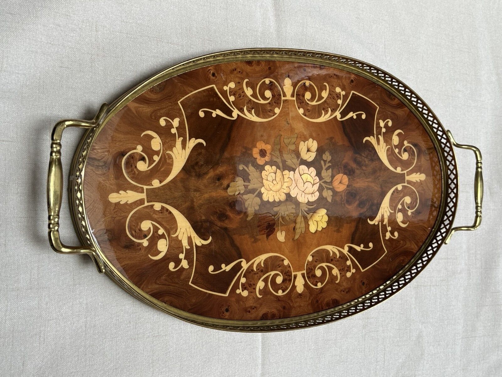 Vintage Italian Marquetry Inlaid Wood Tray, Brass Handles, Floral,...