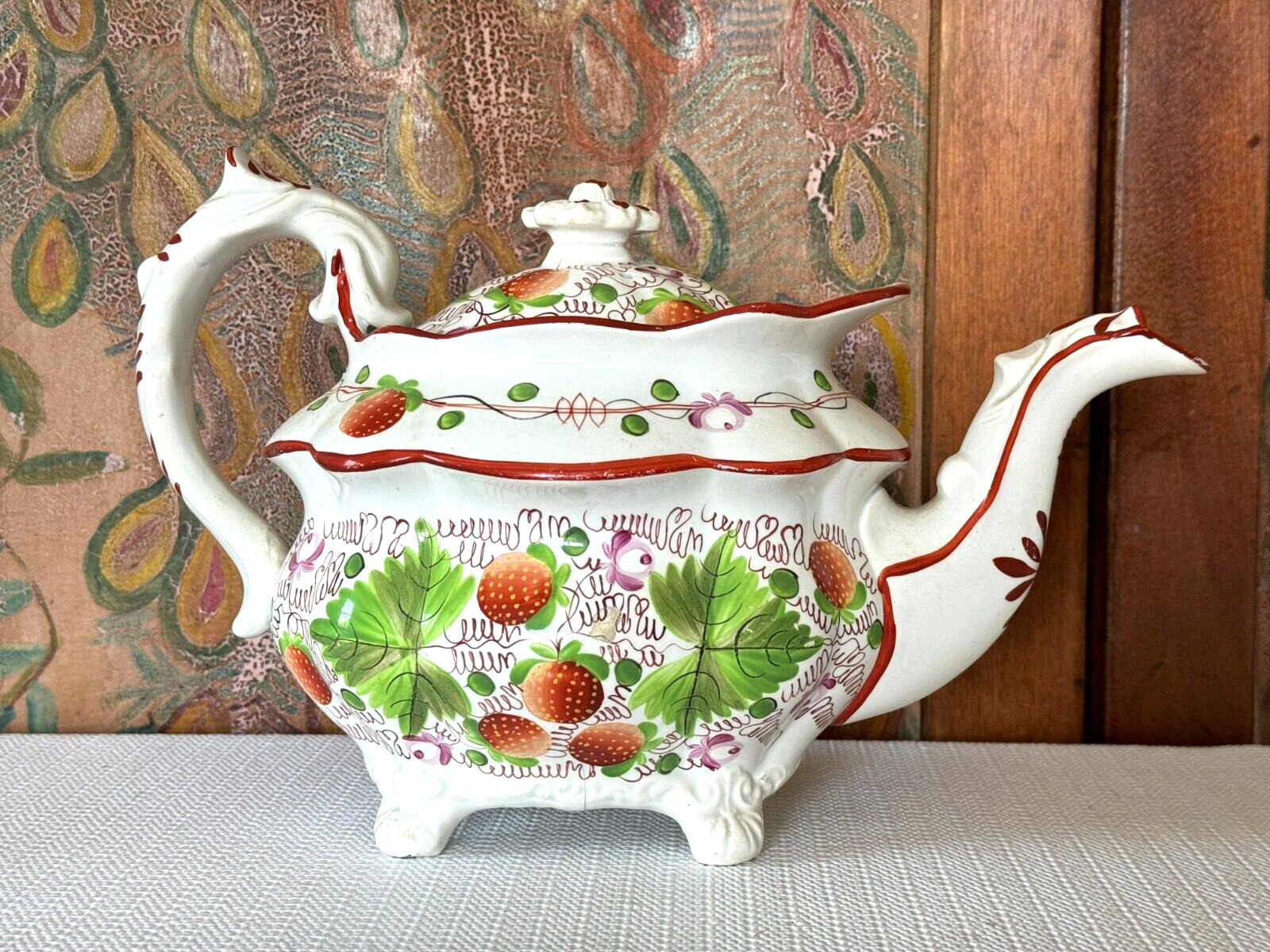 Antique Staffordshire Pearlware Strawberry Pattern Teapot