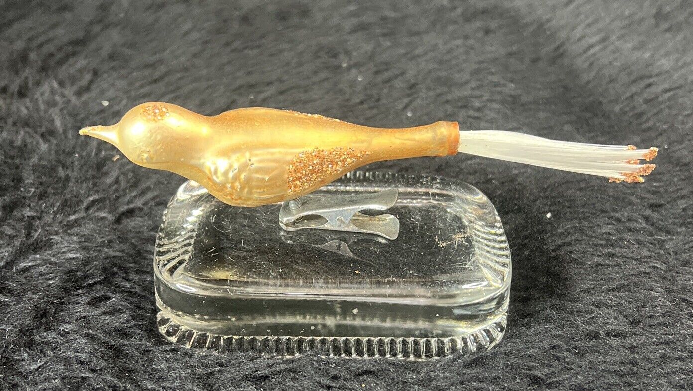 Antique  Hand Blown Mercury Glass Bird Christmas Ornament Spring Clip Gold