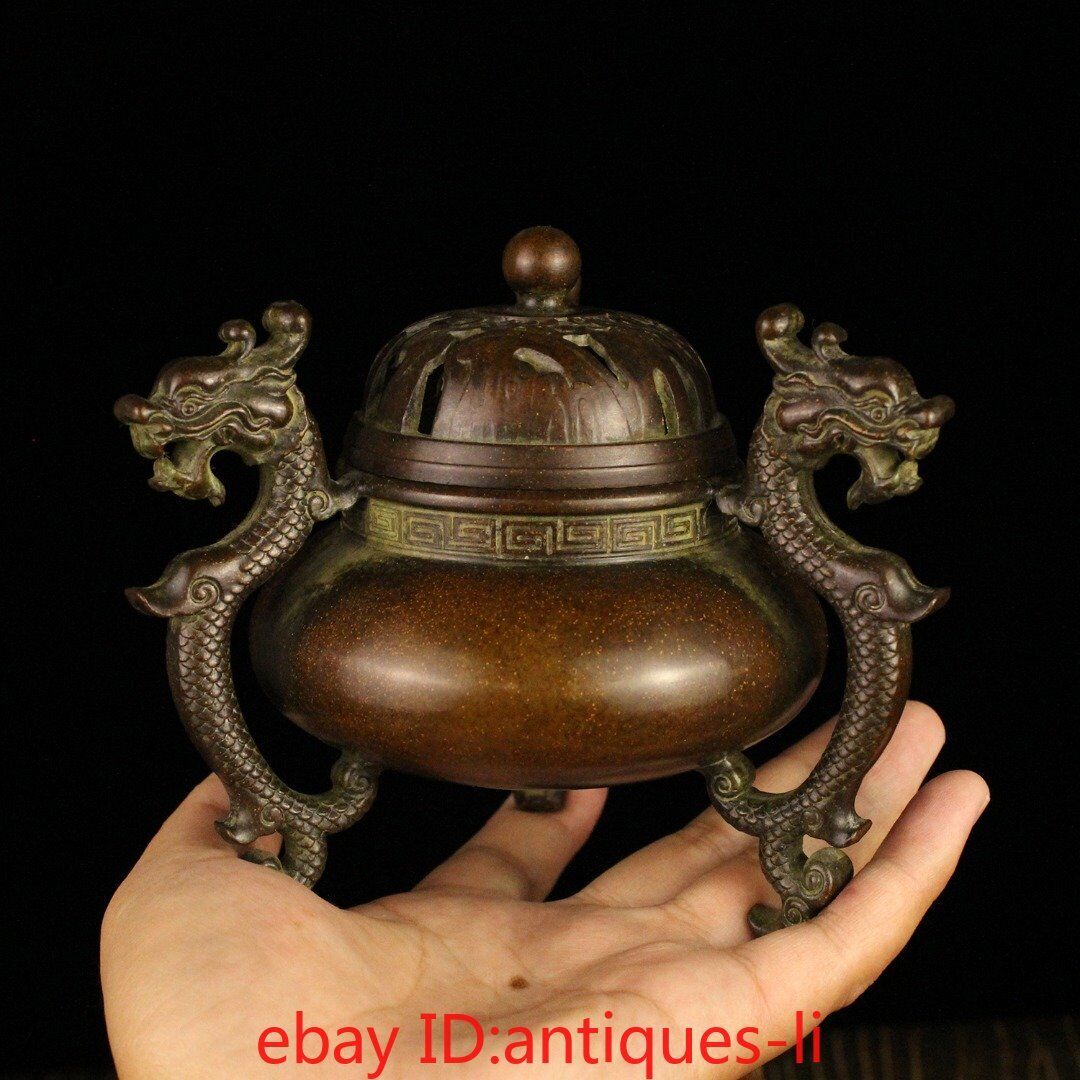 Chinese antique bronze exquisite three-dragon ear three-legged smoker