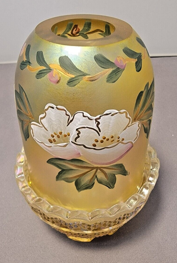 Fenton Hand Painted Champagne Gold Iridescent Lenten Roses Signed Fairy Lamp