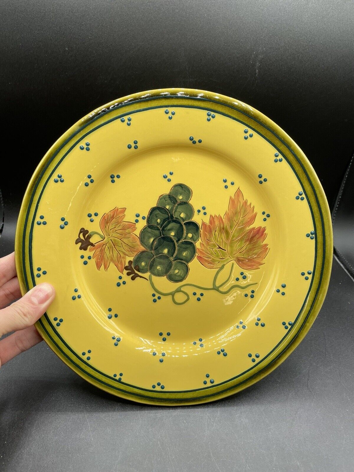 BLUE RIDGE DESIGNS dinner plates w/ grape & leaves design Yellow ware