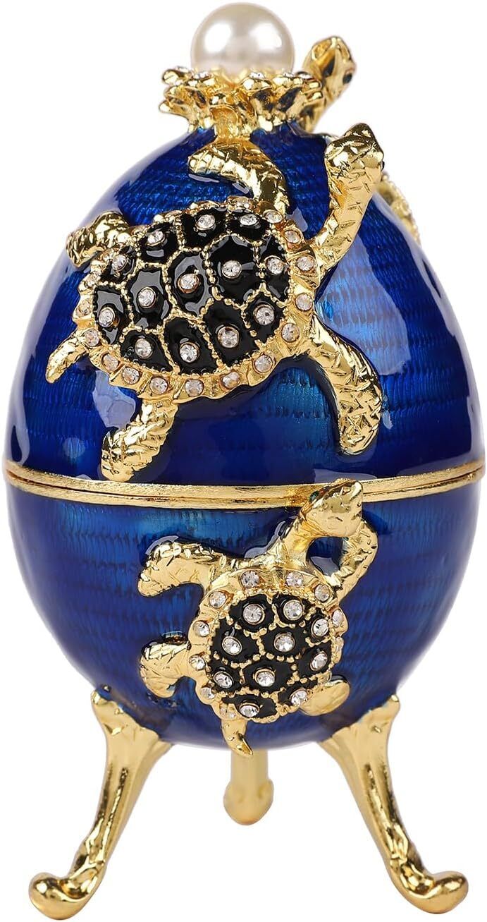 Bejeweled Blue Faberge Egg Hinged Metal Enameled Crystal Trinket box-Turtles