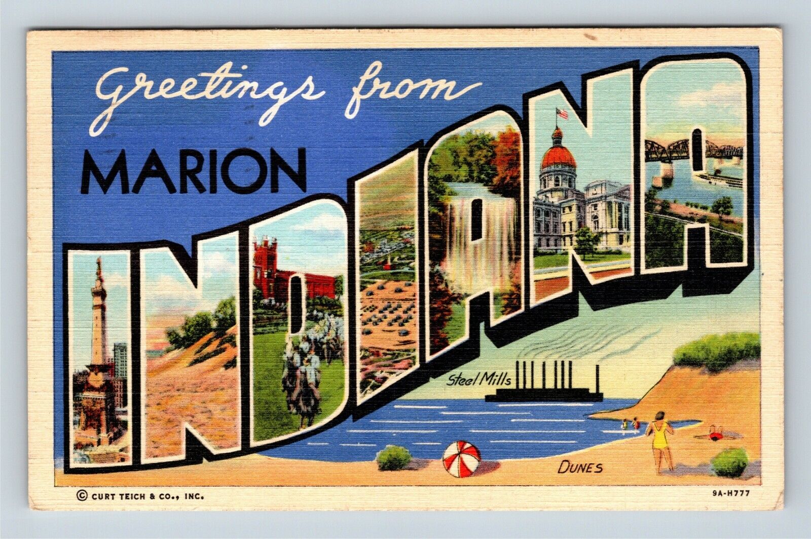 Marion IN, LARGE LETTER Greetings, Indiana c1942 Vintage Postcard