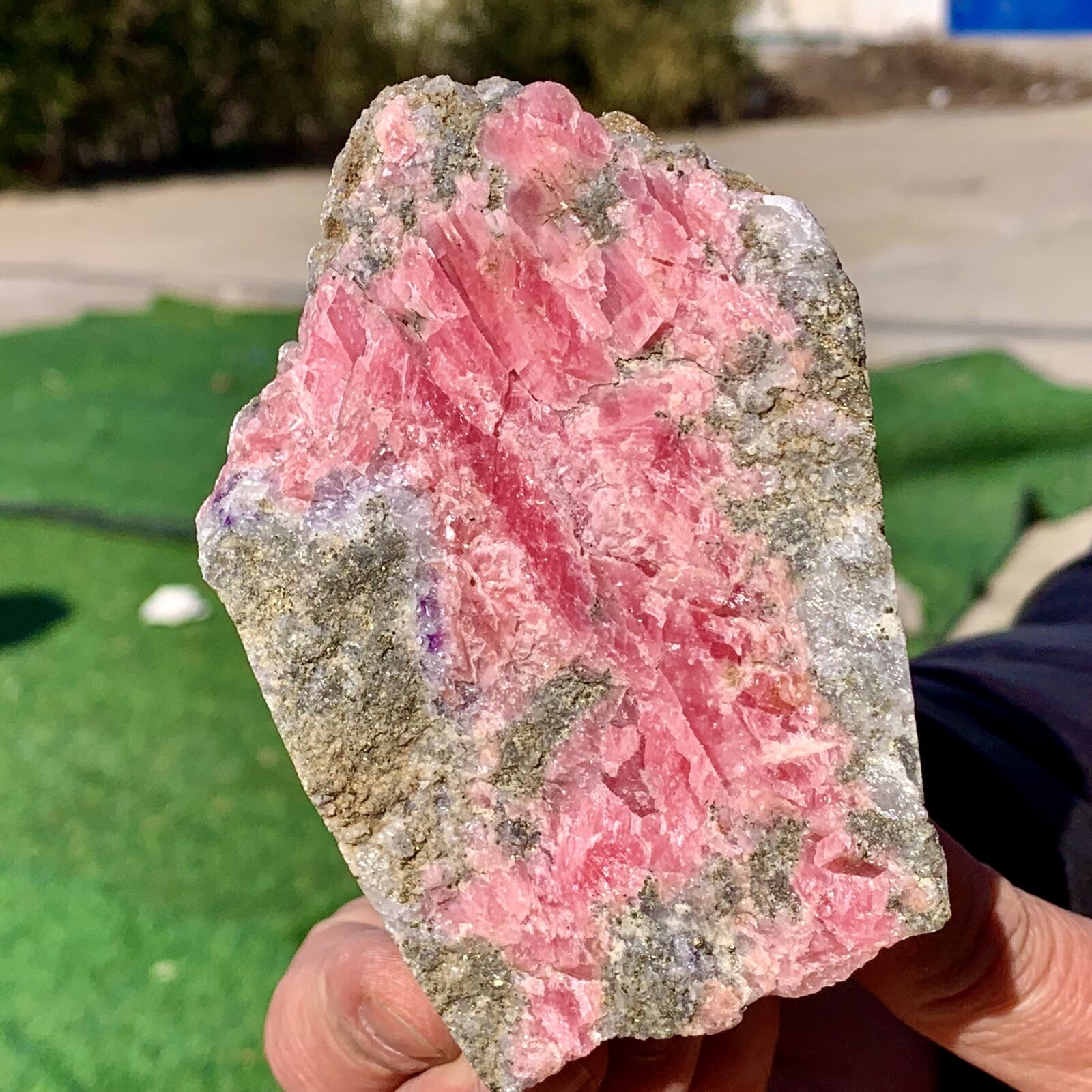 457G Mineral specimens of natural rhodochrosite coexisting with purple fluorite