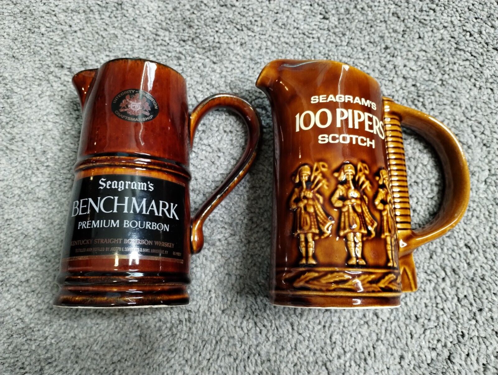 Lot Of 2 Seagram\'s Benchmark Premium Bourbon Whiskey Pitcher Ceramic Brown