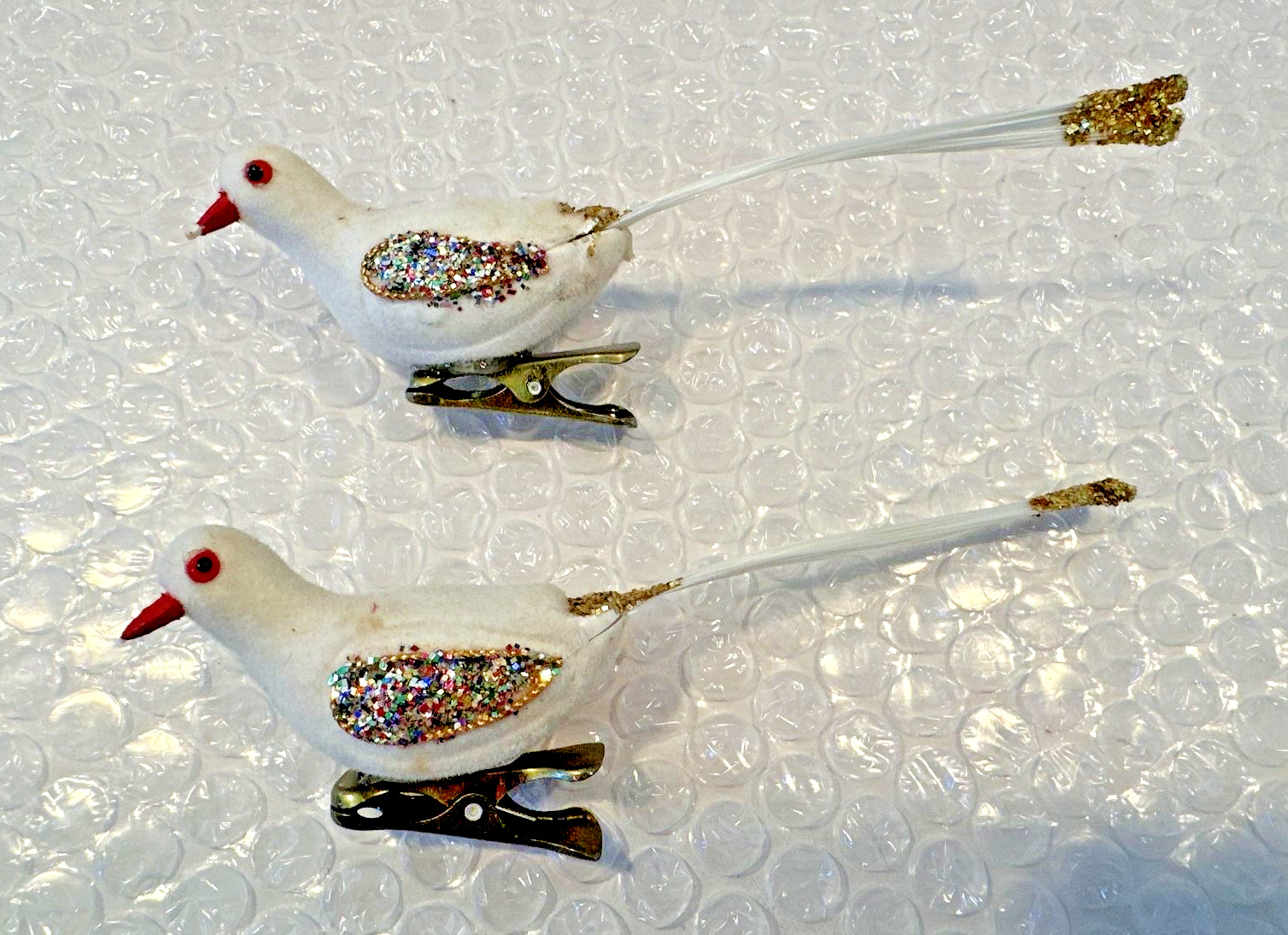 Vintage Set Rare 1960s Flocked White Birds Clip On Christmas Ornaments 5\