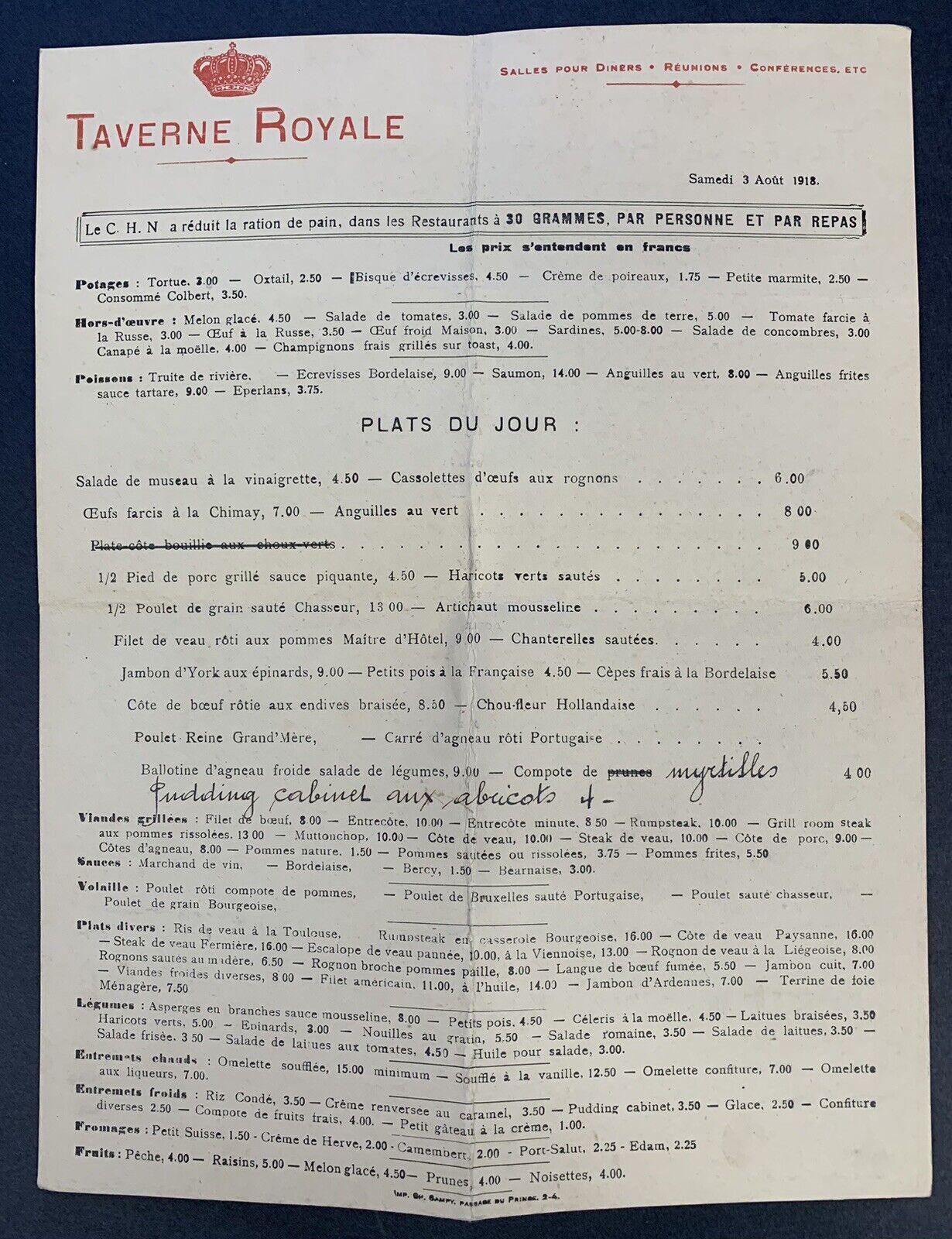 World War I Era: Royal Tavern, August 1918 Menu in German and French
