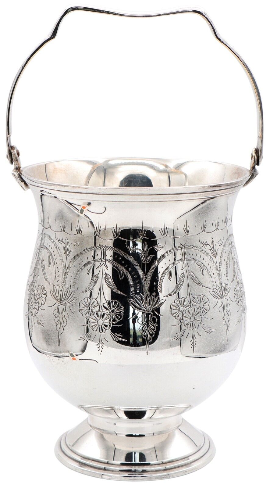 Vintage Floral-Etched Silverplate Ice Bucket with Handle Marked \