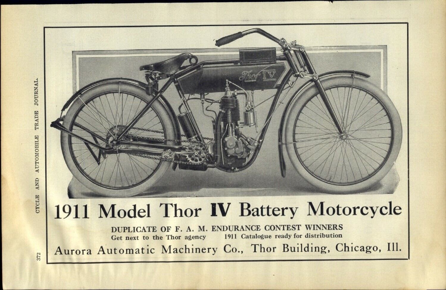 1911 PAPER AD Thor IV Battery Motorcycle Aurora Automatic Machinery Co
